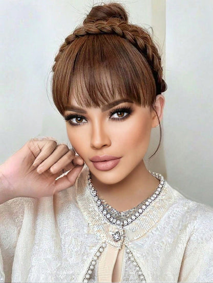 شريط شعر محبوك بثلاثة خيوط اصطناعي مجدول عريض باللون البني باروكة