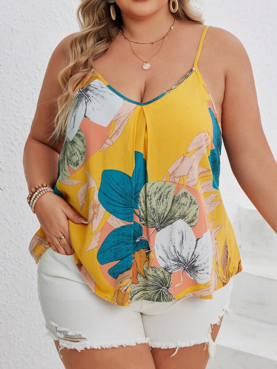 توب كامي مع أشرطة سباغيتي مطبوع بطراز زهري بوهيمي للمرأة ذات الحجم الكبير