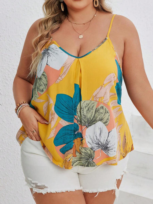 توب كامي مع أشرطة سباغيتي مطبوع بطراز زهري بوهيمي للمرأة ذات الحجم الكبير