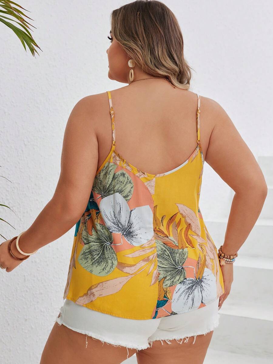 توب كامي مع أشرطة سباغيتي مطبوع بطراز زهري بوهيمي للمرأة ذات الحجم الكبير