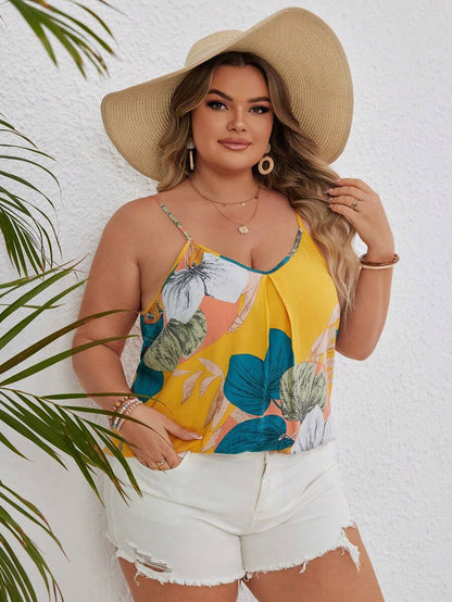 توب كامي مع أشرطة سباغيتي مطبوع بطراز زهري بوهيمي للمرأة ذات الحجم الكبير