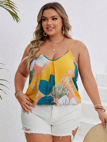 توب كامي مع أشرطة سباغيتي مطبوع بطراز زهري بوهيمي للمرأة ذات الحجم الكبير