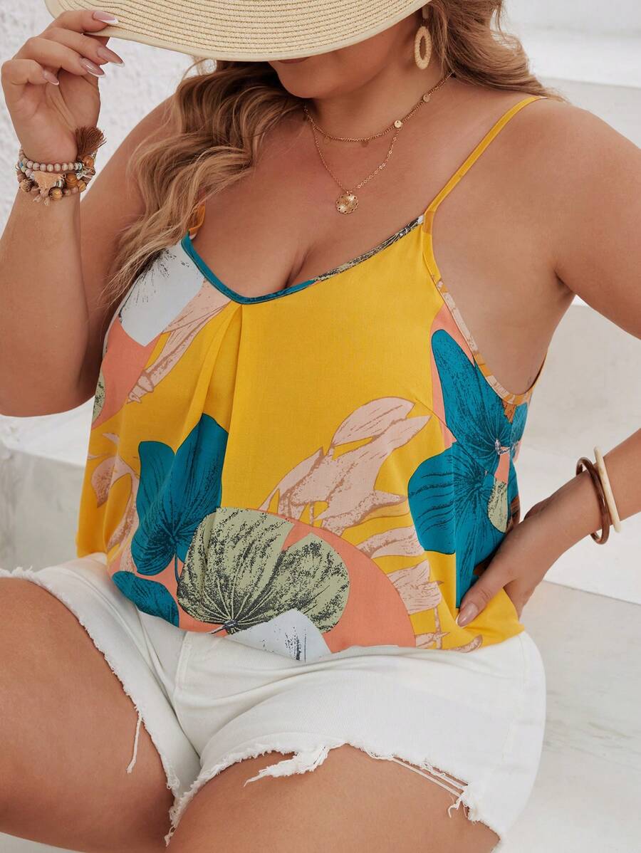 توب كامي مع أشرطة سباغيتي مطبوع بطراز زهري بوهيمي للمرأة ذات الحجم الكبير