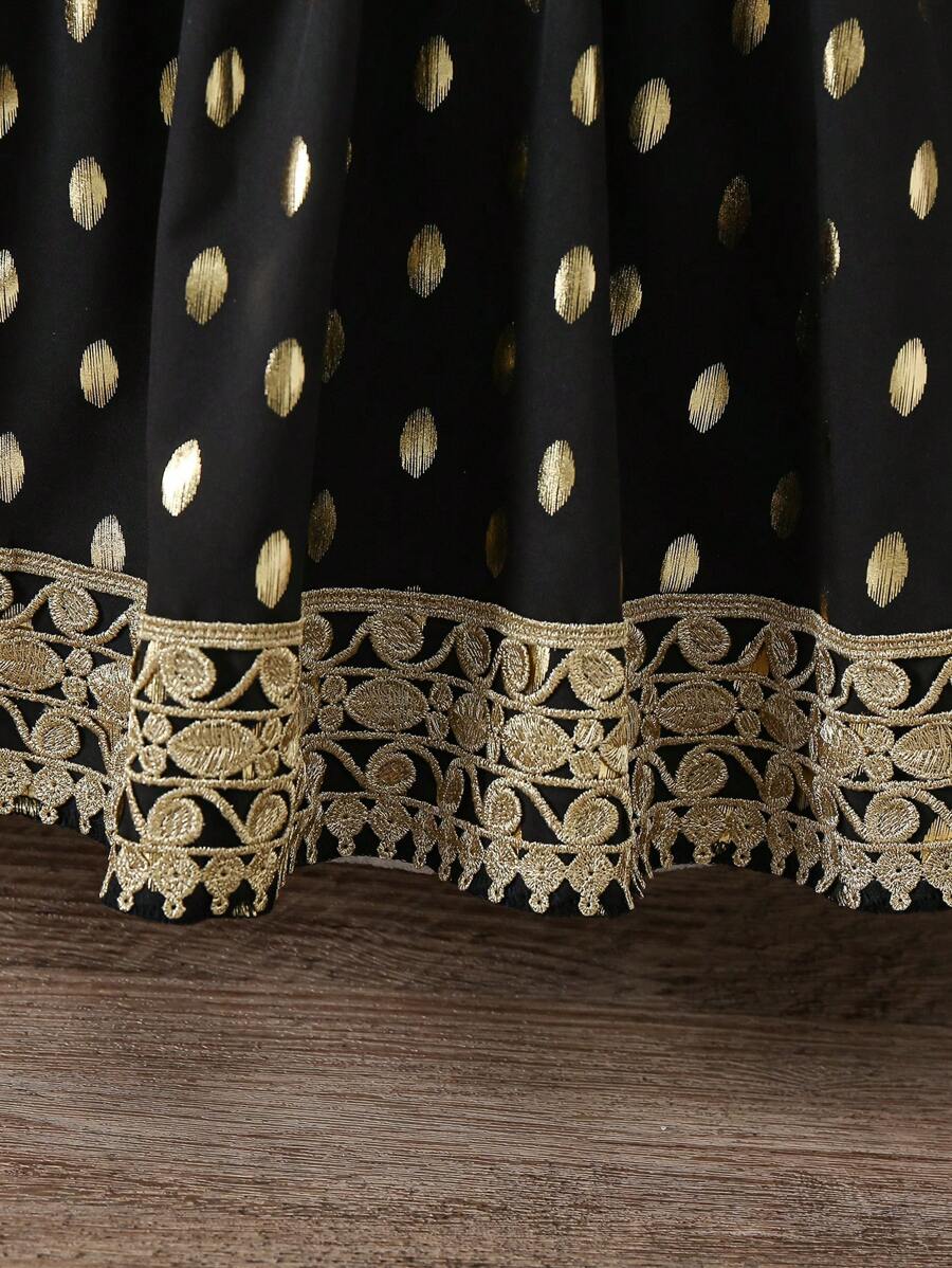 سترة بشريط مختلط لفتاة صغيرة، تنورة وسترة مطبوعة بالنقاط الذهبية