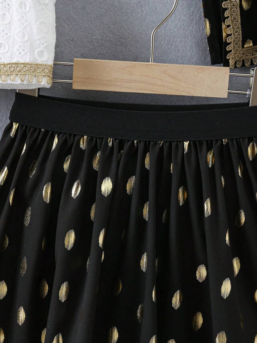 سترة بشريط مختلط لفتاة صغيرة، تنورة وسترة مطبوعة بالنقاط الذهبية