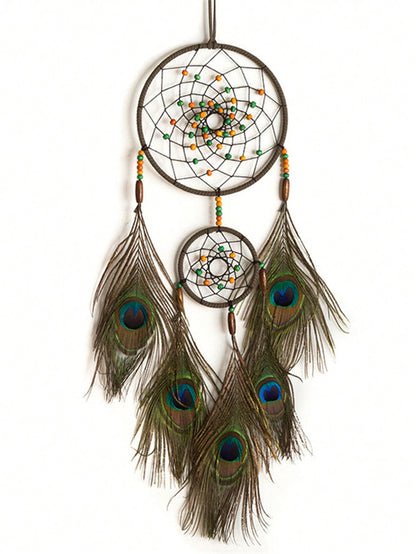 صائد الأحلام بريشة الطاووس 1 قطعة مع أجراس الرياح، ديكور كريم أصفر ملون لغرفة / فندق / نزل المنزل القديم