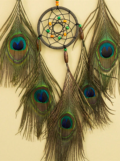 صائد الأحلام بريشة الطاووس 1 قطعة مع أجراس الرياح، ديكور كريم أصفر ملون لغرفة / فندق / نزل المنزل القديم