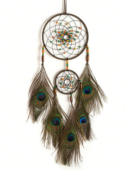 صائد الأحلام بريشة الطاووس 1 قطعة مع أجراس الرياح، ديكور كريم أصفر ملون لغرفة / فندق / نزل المنزل القديم