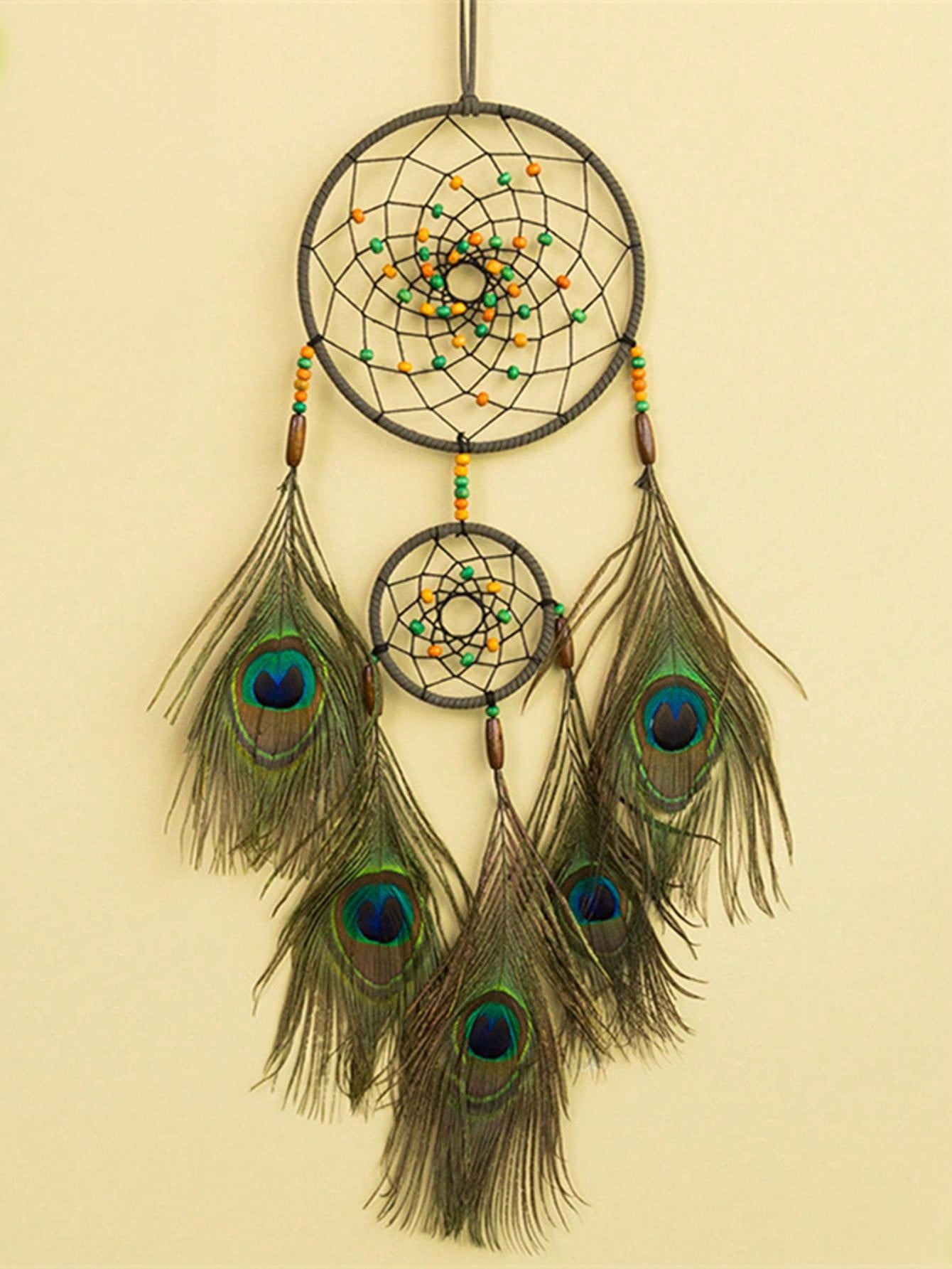 صائد الأحلام بريشة الطاووس 1 قطعة مع أجراس الرياح، ديكور كريم أصفر ملون لغرفة / فندق / نزل المنزل القديم