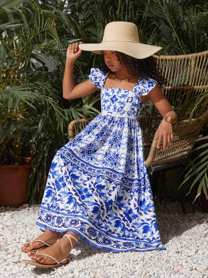 فستان كاجوال لفتيات المراهقات بأكمام قبعة وياقة مربعة مزينة بطبعة الزهور لفصلي الربيع والصيف