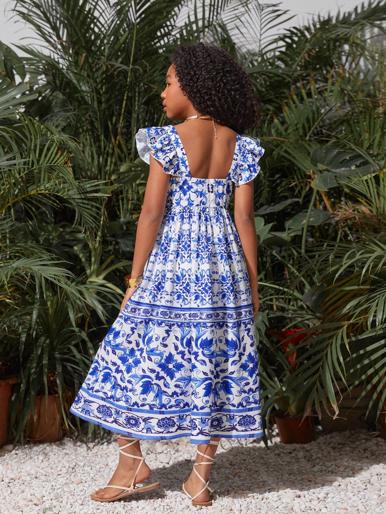 فستان كاجوال لفتيات المراهقات بأكمام قبعة وياقة مربعة مزينة بطبعة الزهور لفصلي الربيع والصيف