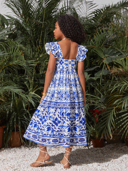 فستان كاجوال لفتيات المراهقات بأكمام قبعة وياقة مربعة مزينة بطبعة الزهور لفصلي الربيع والصيف