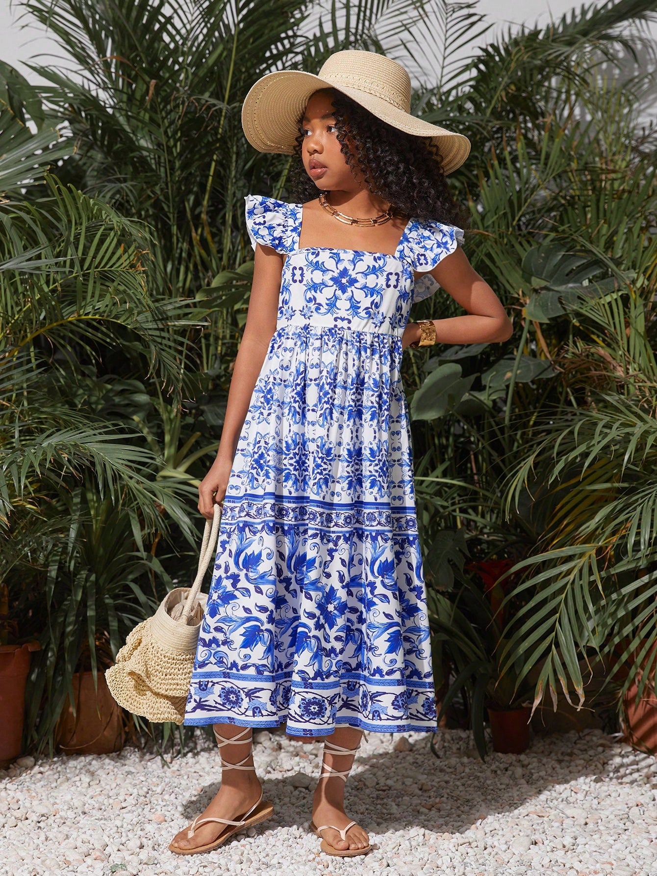 فستان كاجوال لفتيات المراهقات بأكمام قبعة وياقة مربعة مزينة بطبعة الزهور لفصلي الربيع والصيف