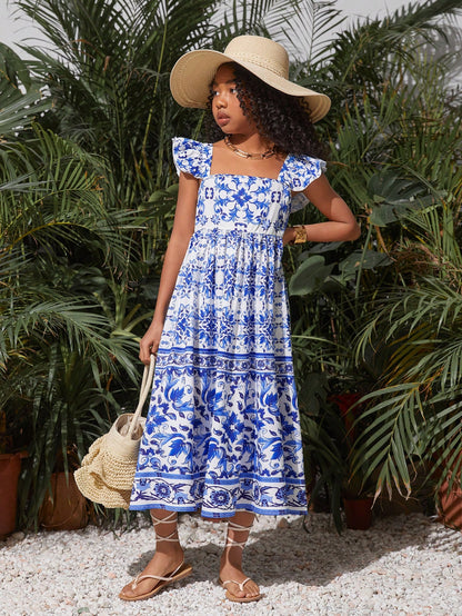 فستان كاجوال لفتيات المراهقات بأكمام قبعة وياقة مربعة مزينة بطبعة الزهور لفصلي الربيع والصيف