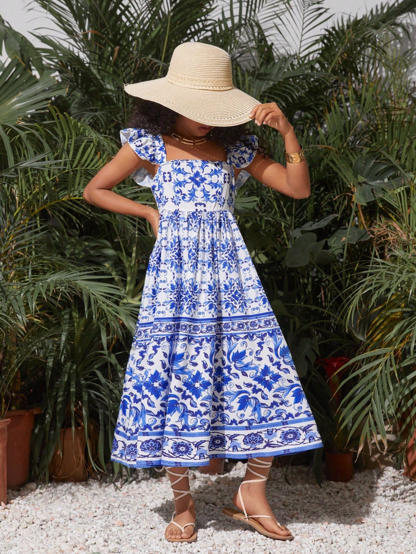 فستان كاجوال لفتيات المراهقات بأكمام قبعة وياقة مربعة مزينة بطبعة الزهور لفصلي الربيع والصيف