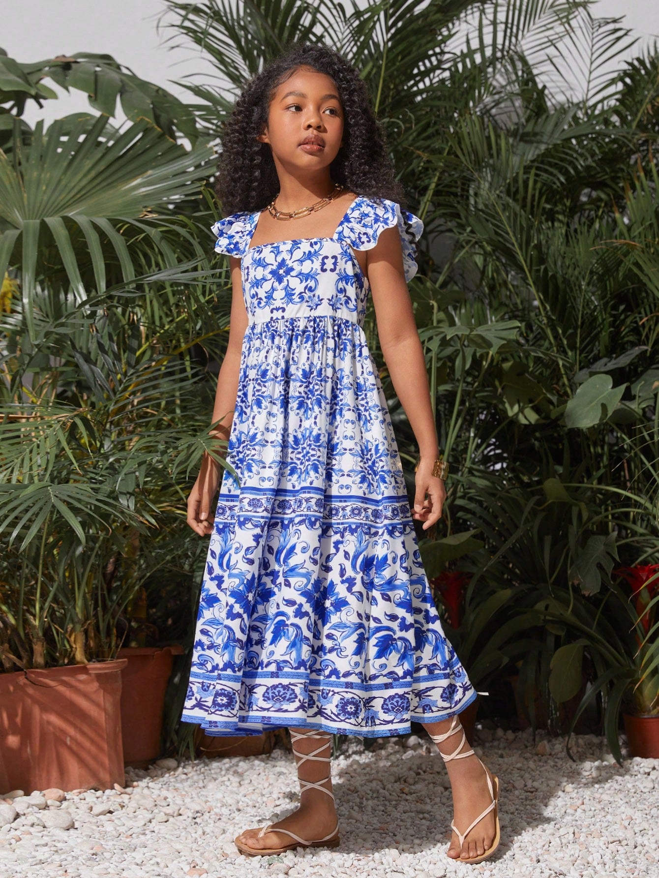 فستان كاجوال لفتيات المراهقات بأكمام قبعة وياقة مربعة مزينة بطبعة الزهور لفصلي الربيع والصيف