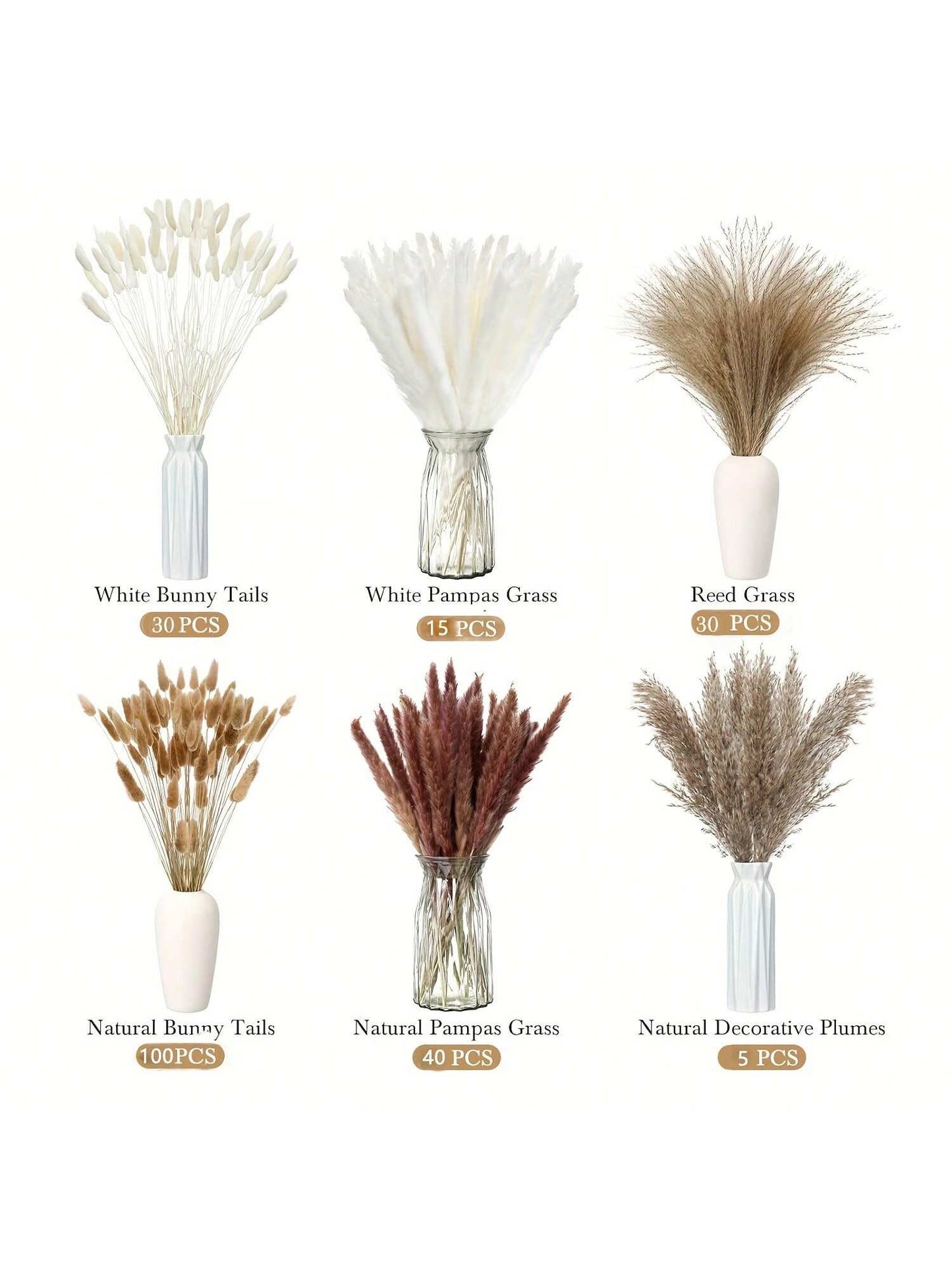 باقة من أوراق  المجففة 220 قطعة، 17.3 بوصة (حوالي 44 سم)، باقة ذيل الأرنب، نمط بوهيمي للديكور الزفاف والمنزل وطاولة العشاء والحفلات