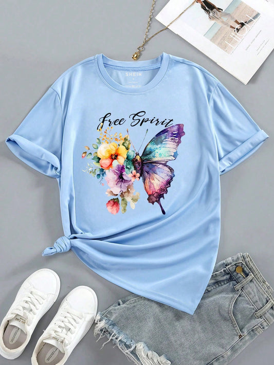 قميص نسائي بأكمام قصيرة مطبوع بنمط الفراشة