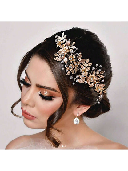 شانجباو واحد شعر رينستون يدوي الصنع بتصميم ورقة الزهر، لوازم عرس الزفاف إكسسوارات جانبية للحجاب الزفاف