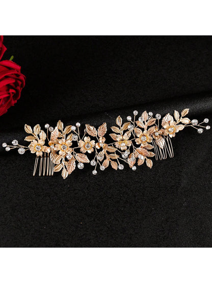 شانجباو واحد شعر رينستون يدوي الصنع بتصميم ورقة الزهر، لوازم عرس الزفاف إكسسوارات جانبية للحجاب الزفاف