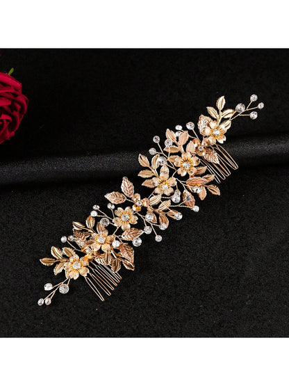 شانجباو واحد شعر رينستون يدوي الصنع بتصميم ورقة الزهر، لوازم عرس الزفاف إكسسوارات جانبية للحجاب الزفاف