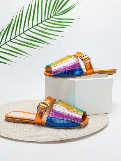 صنادل نسائية مسطحة بعدة أشرطة مناسبة لفصل الصيف، تزيينات للعطلة، مضادة للانزلاق، أنيقة، عارضة ومتعددة الاستخدامات