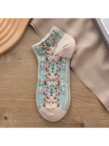 الرياضة في الهواء الطلق 1-5 أزواج من الجوارب القصيرة بطراز محكمة عتيق، جوارب الكاحل المنخفضة النسيج المجسم الهندسي والزهور اليابانية الجميلة [اللون عشوائي]