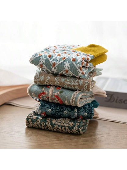 الرياضة في الهواء الطلق 1-5 أزواج من الجوارب القصيرة بطراز محكمة عتيق، جوارب الكاحل المنخفضة النسيج المجسم الهندسي والزهور اليابانية الجميلة [اللون عشوائي]