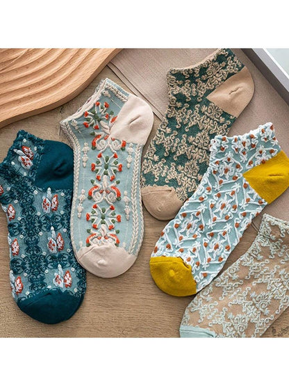 الرياضة في الهواء الطلق 1-5 أزواج من الجوارب القصيرة بطراز محكمة عتيق، جوارب الكاحل المنخفضة النسيج المجسم الهندسي والزهور اليابانية الجميلة [اللون عشوائي]