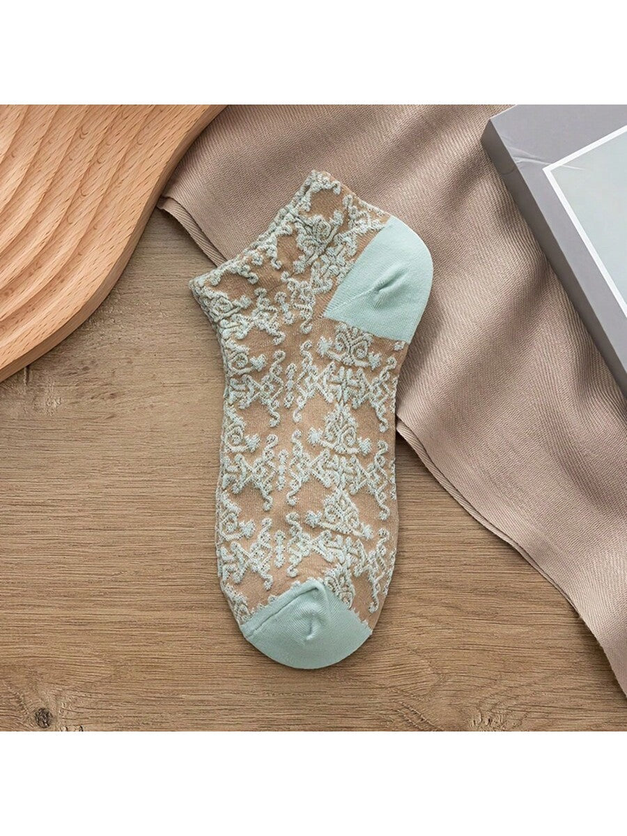 الرياضة في الهواء الطلق 1-5 أزواج من الجوارب القصيرة بطراز محكمة عتيق، جوارب الكاحل المنخفضة النسيج المجسم الهندسي والزهور اليابانية الجميلة [اللون عشوائي]