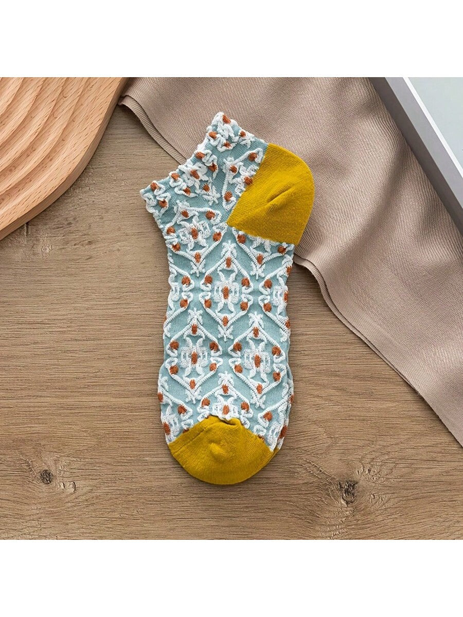 الرياضة في الهواء الطلق 1-5 أزواج من الجوارب القصيرة بطراز محكمة عتيق، جوارب الكاحل المنخفضة النسيج المجسم الهندسي والزهور اليابانية الجميلة [اللون عشوائي]