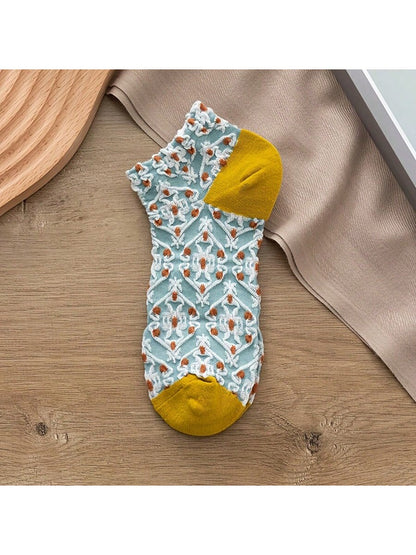 الرياضة في الهواء الطلق 1-5 أزواج من الجوارب القصيرة بطراز محكمة عتيق، جوارب الكاحل المنخفضة النسيج المجسم الهندسي والزهور اليابانية الجميلة [اللون عشوائي]