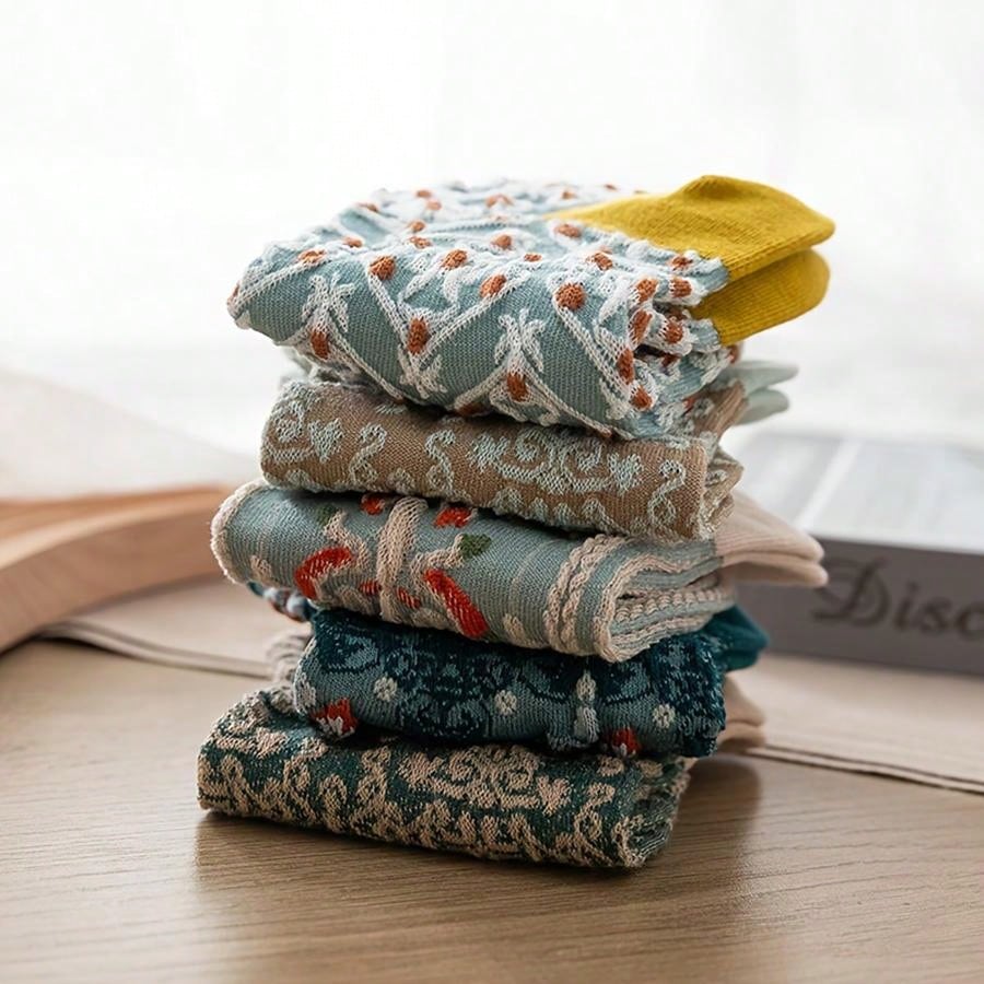 الرياضة في الهواء الطلق 1-5 أزواج من الجوارب القصيرة بطراز محكمة عتيق، جوارب الكاحل المنخفضة النسيج المجسم الهندسي والزهور اليابانية الجميلة [اللون عشوائي]