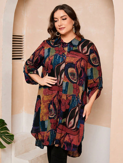 قميص طويل مطبوع بتصميم عتيق للمقاسات الكبيرة