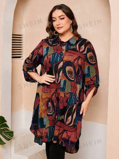 قميص طويل مطبوع بتصميم عتيق للمقاسات الكبيرة