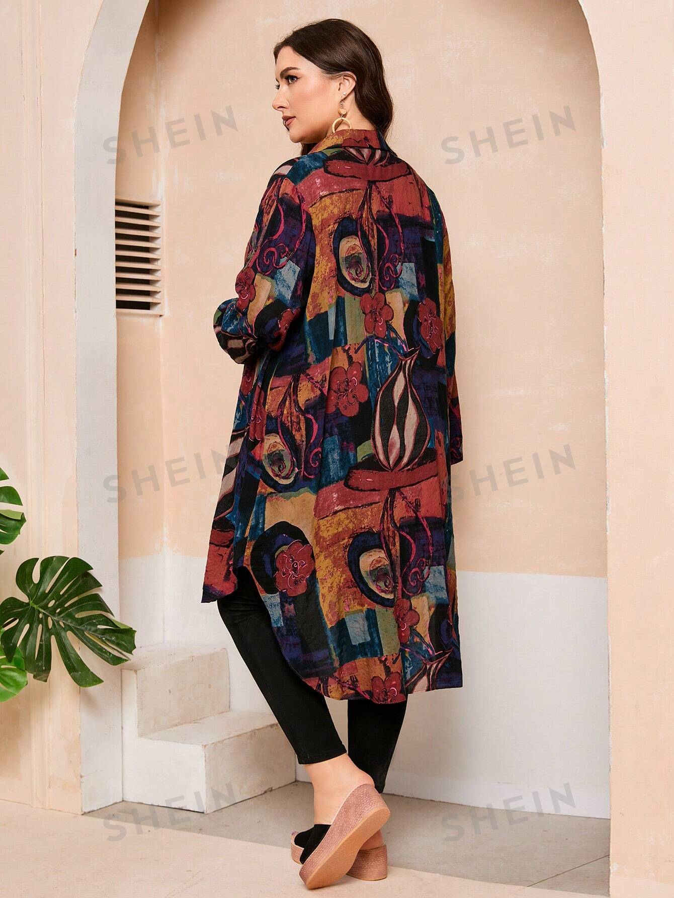 قميص طويل مطبوع بتصميم عتيق للمقاسات الكبيرة