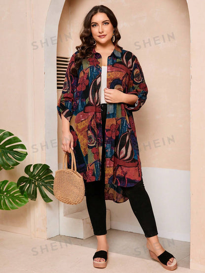 قميص طويل مطبوع بتصميم عتيق للمقاسات الكبيرة