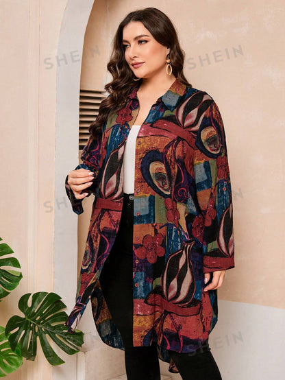 قميص طويل مطبوع بتصميم عتيق للمقاسات الكبيرة