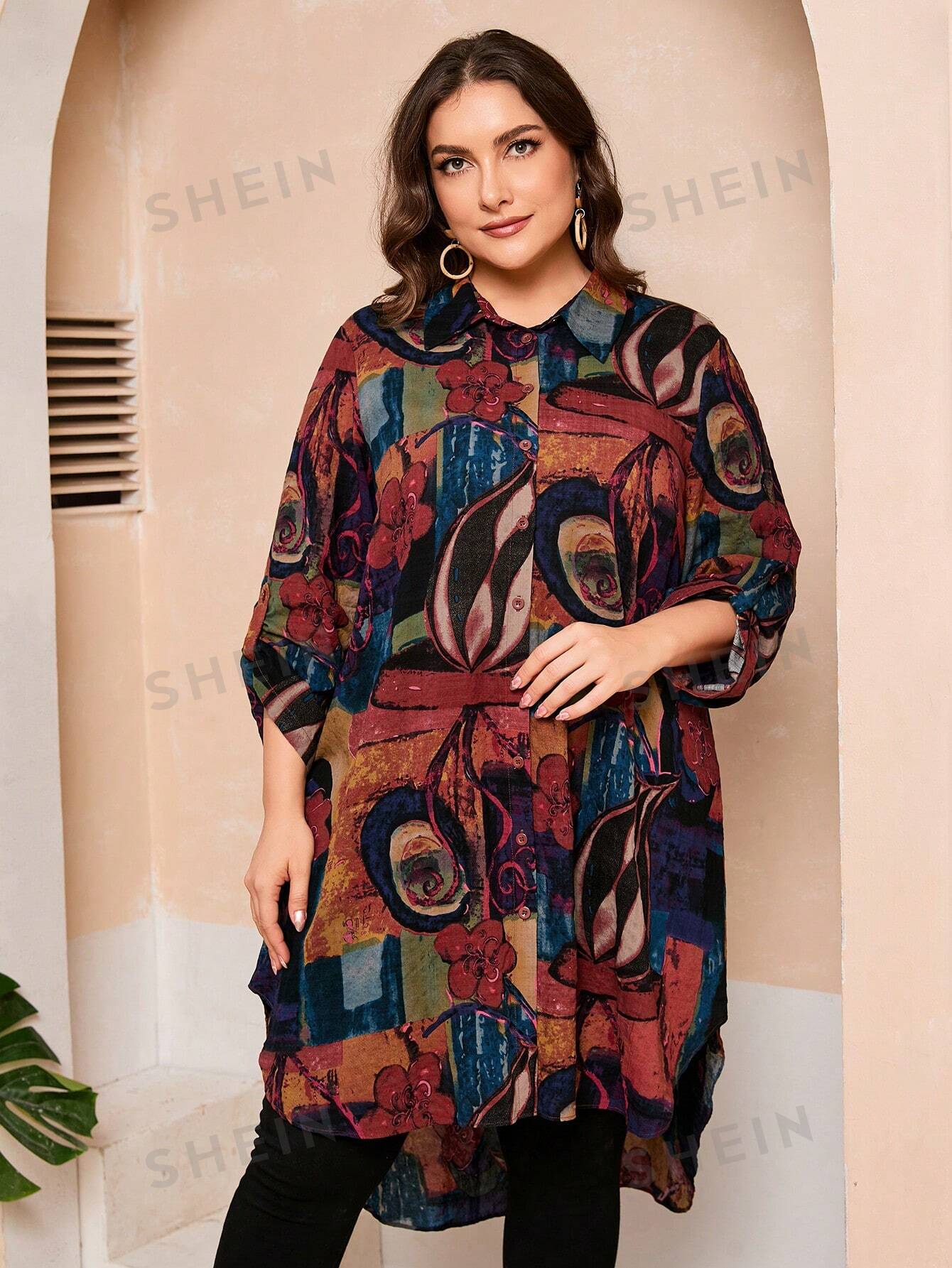 قميص طويل مطبوع بتصميم عتيق للمقاسات الكبيرة