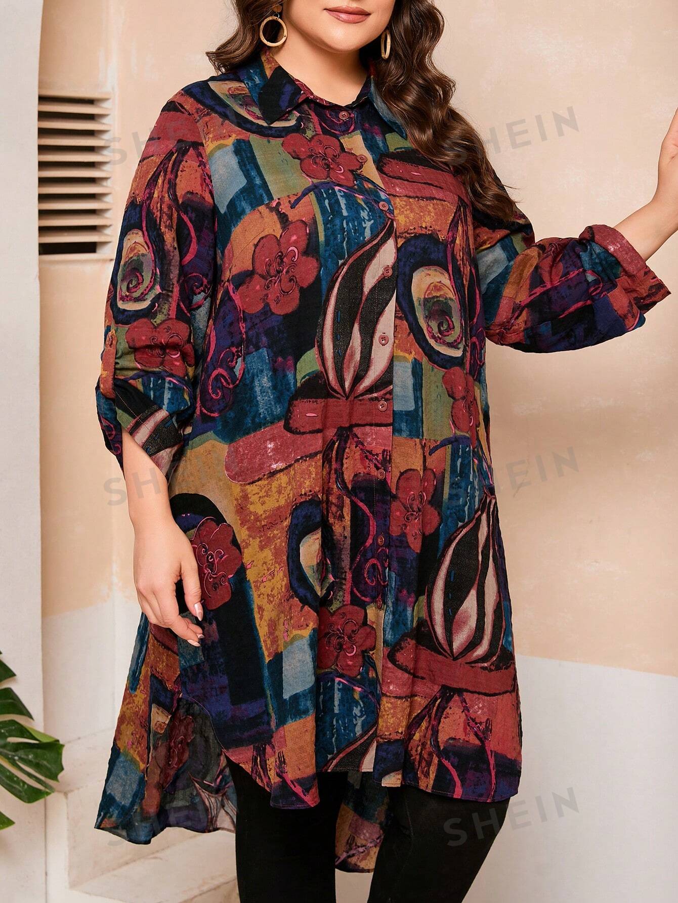 قميص طويل مطبوع بتصميم عتيق للمقاسات الكبيرة