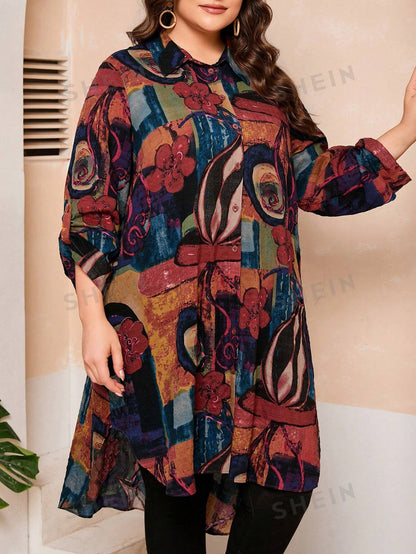 قميص طويل مطبوع بتصميم عتيق للمقاسات الكبيرة