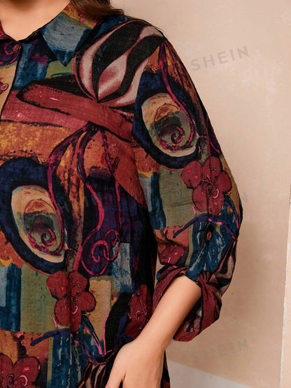 قميص طويل مطبوع بتصميم عتيق للمقاسات الكبيرة