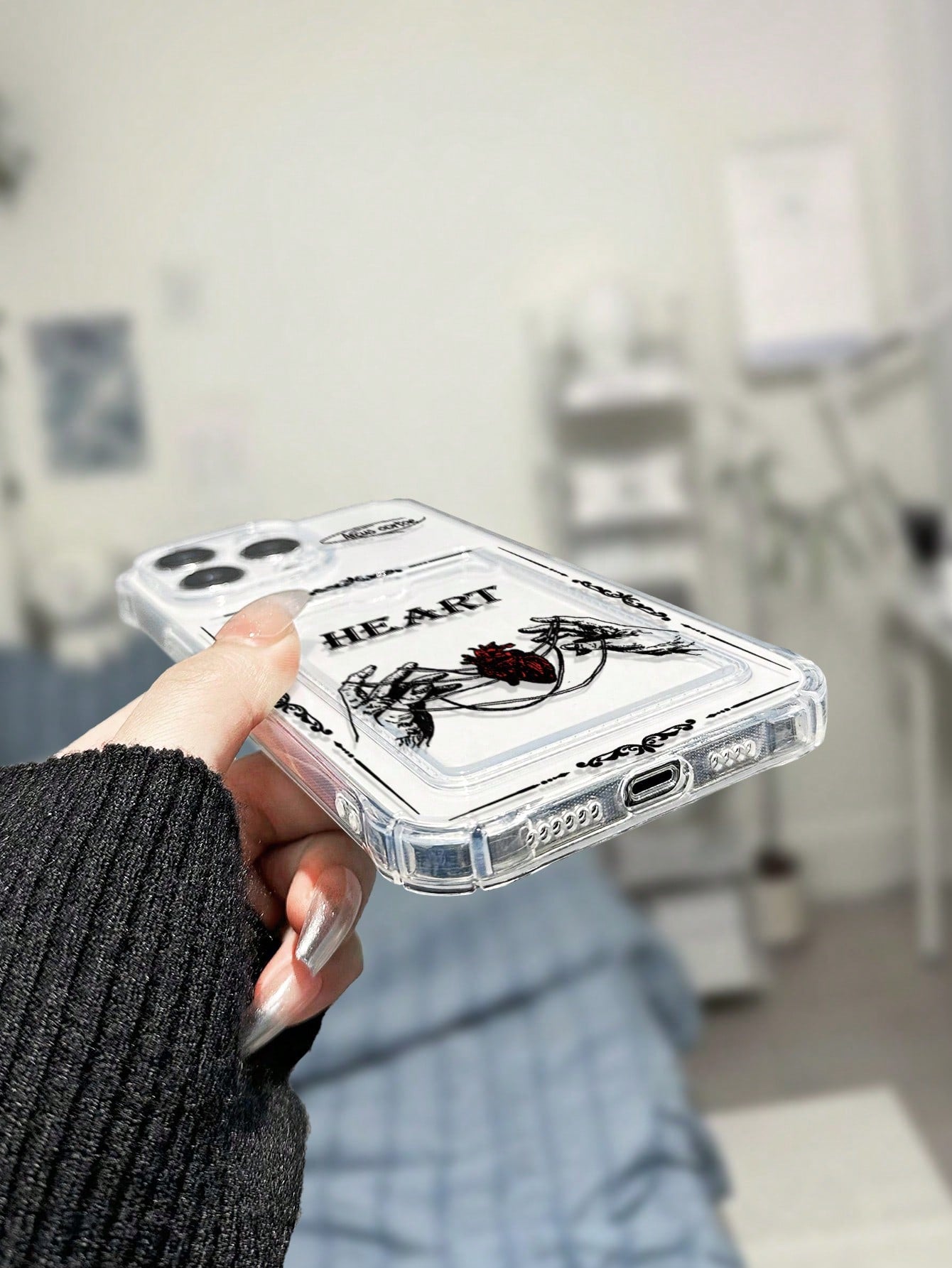 حامل بطاقات الهاتف المحمول المزين برسوم شخصيات كرتونية على شكل قلب ، مع سلسلة إضافية للدب