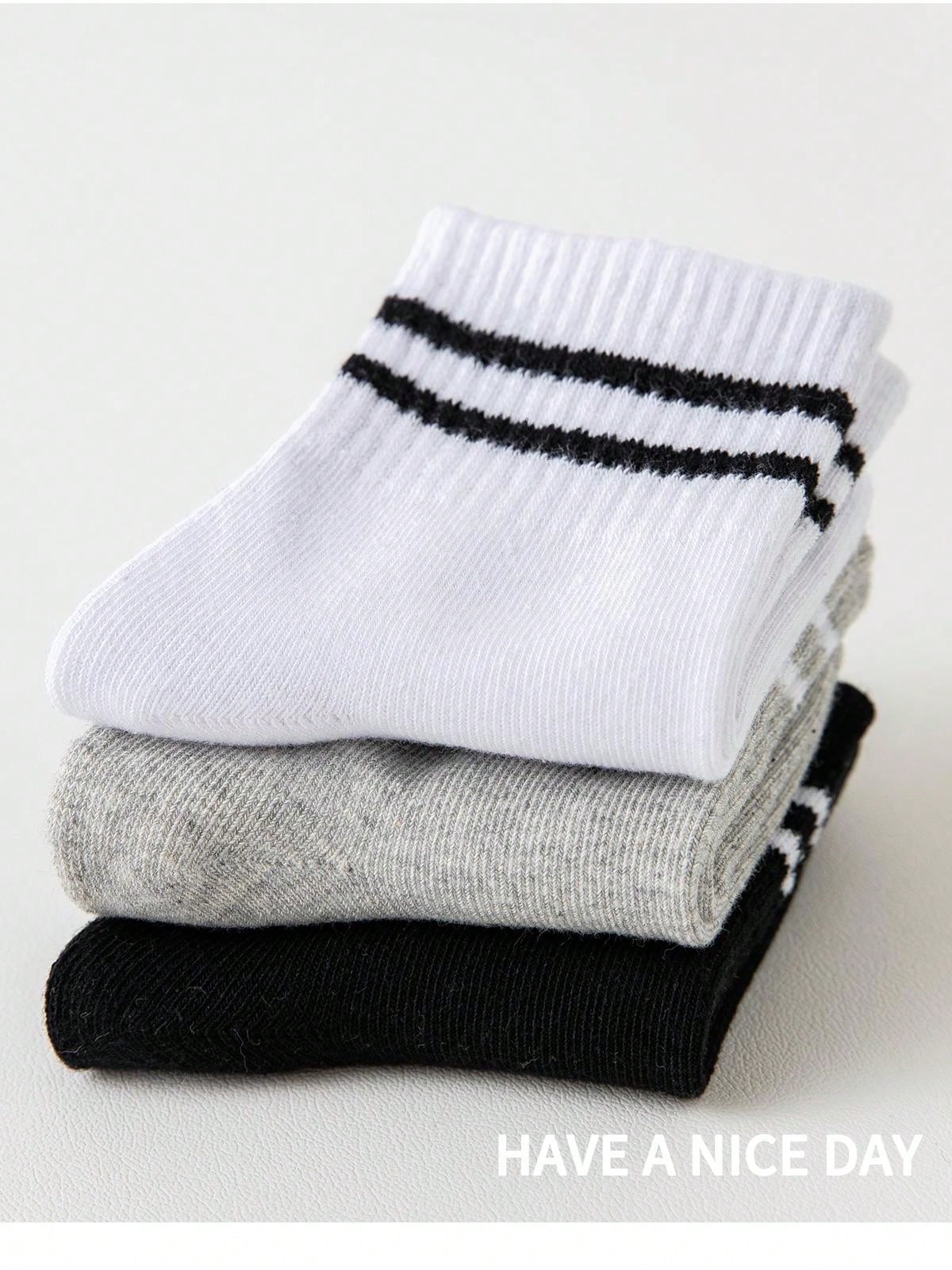 جوارب كاحل منتصف الساق للرياضة الرجالية والنسائية مزيج بارتين مخططة (رمادي/أسود/أبيض) 3أزواج/مجموعة