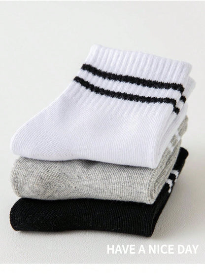 جوارب كاحل منتصف الساق للرياضة الرجالية والنسائية مزيج بارتين مخططة (رمادي/أسود/أبيض) 3أزواج/مجموعة