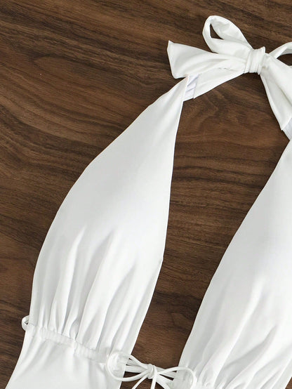 مايوه سباحة من قطعة واحدة بخصر مع رباط ورقبة هالتر بلون سادة للشاطئ في الصيف