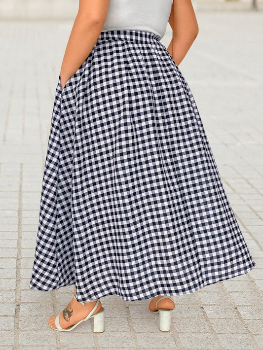 تنورة مطبعة بنقشة المربعات للسيدات من مقاس كبير بجيوب مائلة