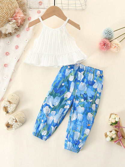 طقم قميص قصير للفتيات الصغيرات بنمط العطلة وسروال مزين بالزهور
