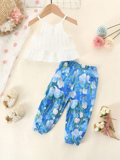 طقم قميص قصير للفتيات الصغيرات بنمط العطلة وسروال مزين بالزهور