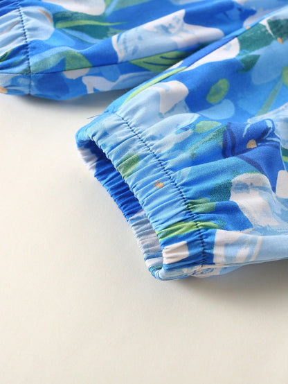 طقم قميص قصير للفتيات الصغيرات بنمط العطلة وسروال مزين بالزهور